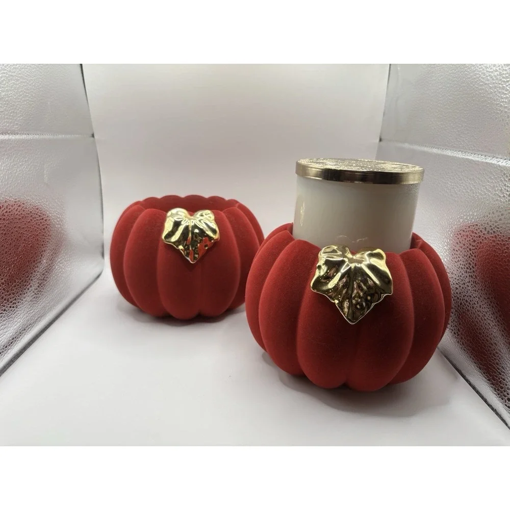 Set Of 2 Bath & Body Works 3 Wick Candle Holder Flocked Pumpkin w/gold leaf